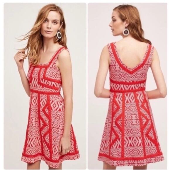 Maeve Dress Womens 0 Red White Geometric Fit & Flare Knit Boho Sleeveless - Picture 1 of 6
